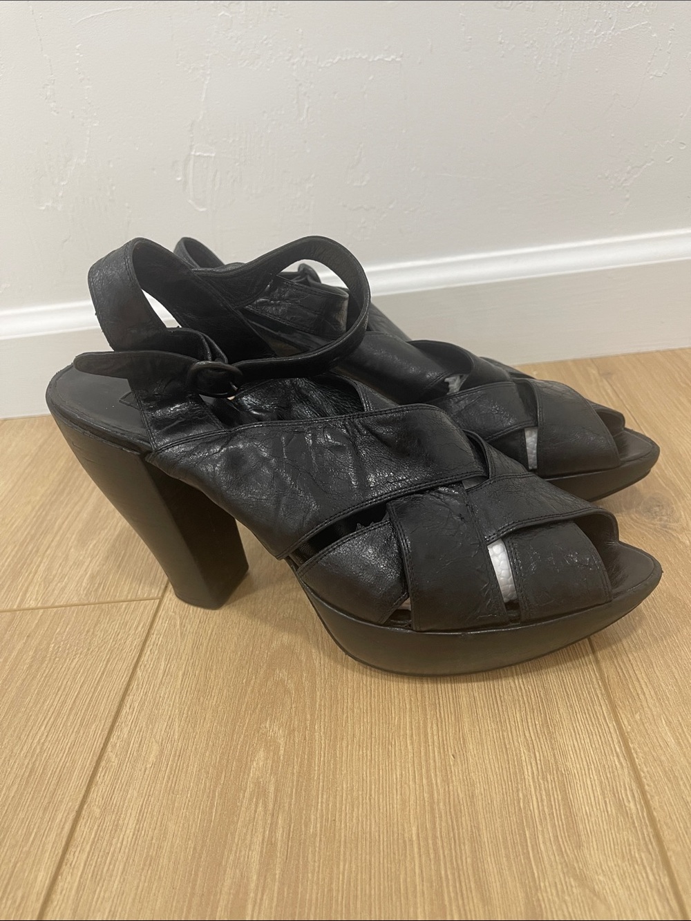 Gianni Barbato Black Leather High Platform Sandal Heels with Ankle Strap